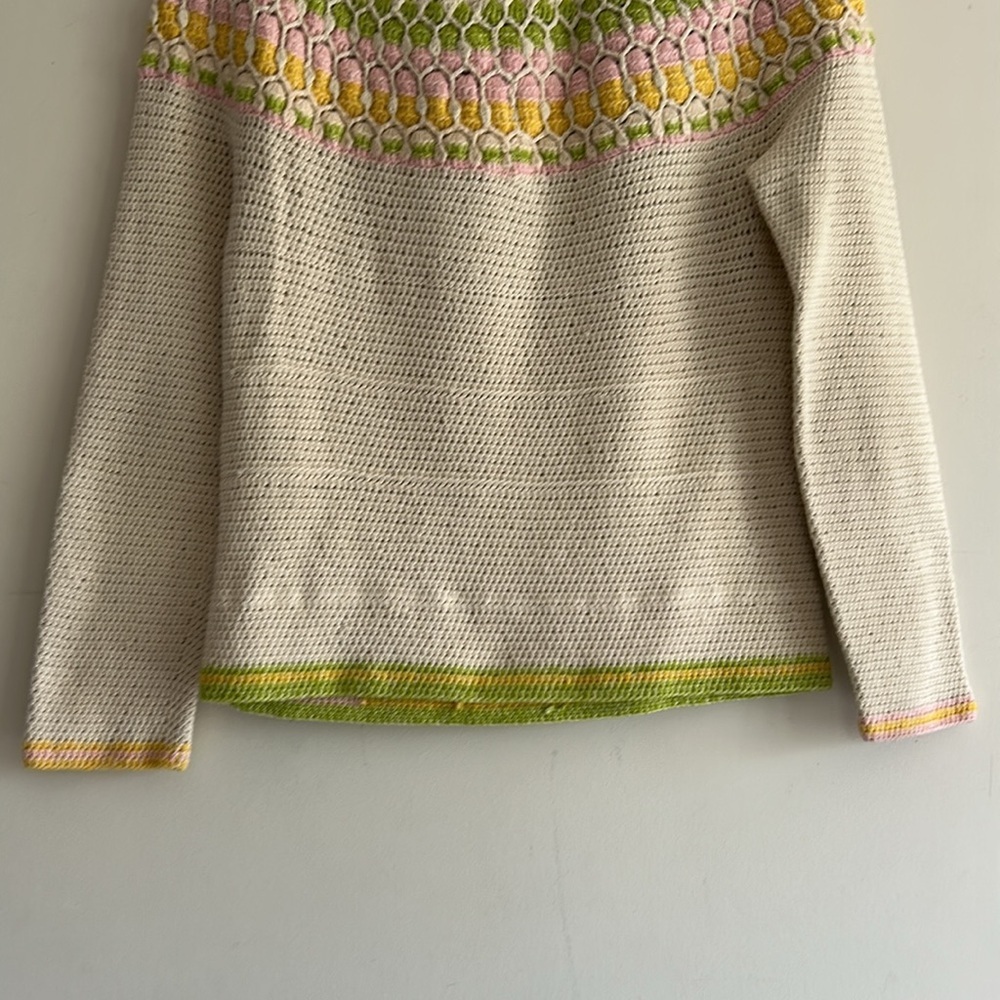 Cream Multi Color Crochet Cotton Crew Neck Sweater Women's Size LG - Picture 11 of 11